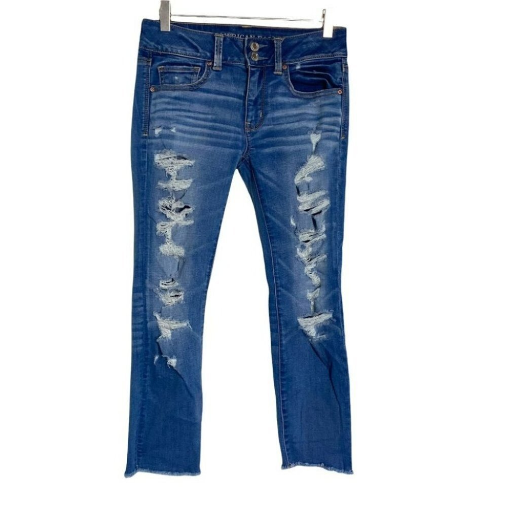 AEO super super stretch Artist Crop 4 ripped raw hem jeans